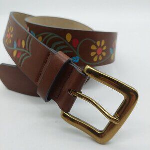 Womens Floral Brown Belt Size S/M Ladies Boho Hippie Brass Buckle Multi-colored